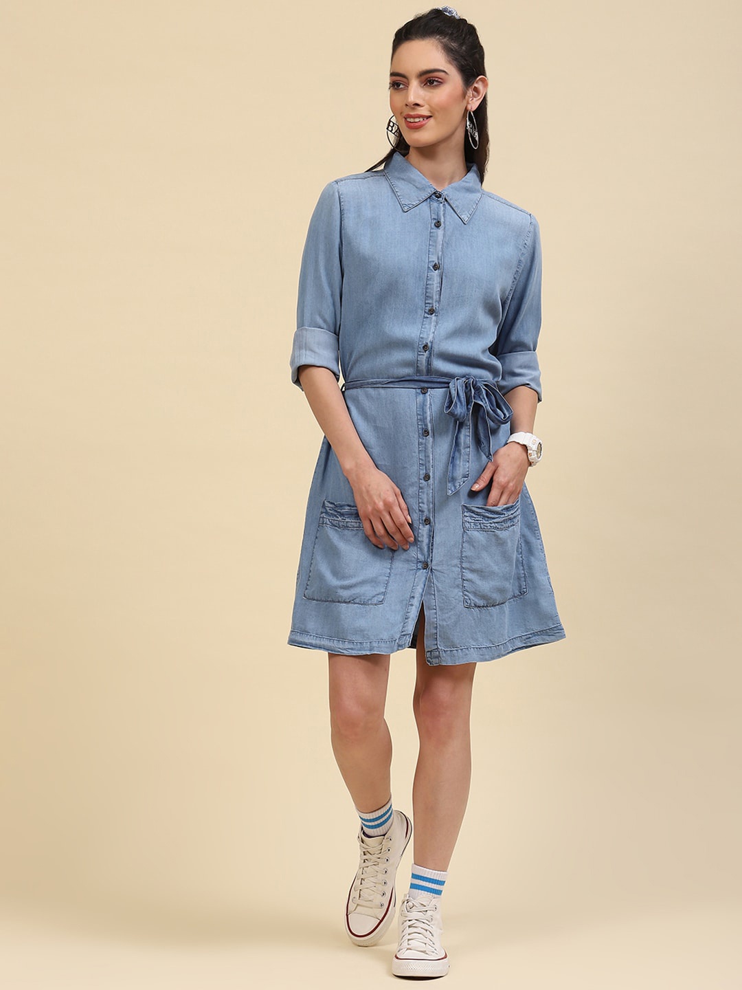 

Monte Carlo Shirt Collar Shirt Dress With Belt, Blue