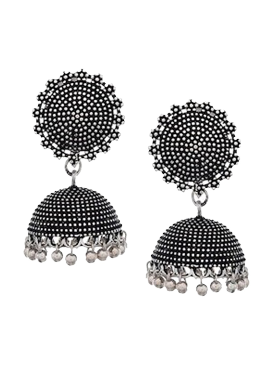 

Infuzze Silver-Plated Dome Shaped Oxidised Jhumkas Earrings