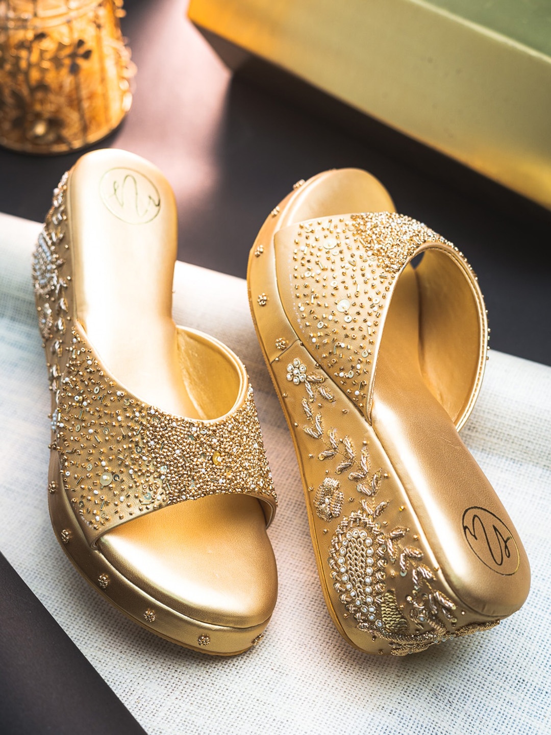 

NR By Nidhi Rathi Open Toe Embellished Ethnic Wedges, Gold