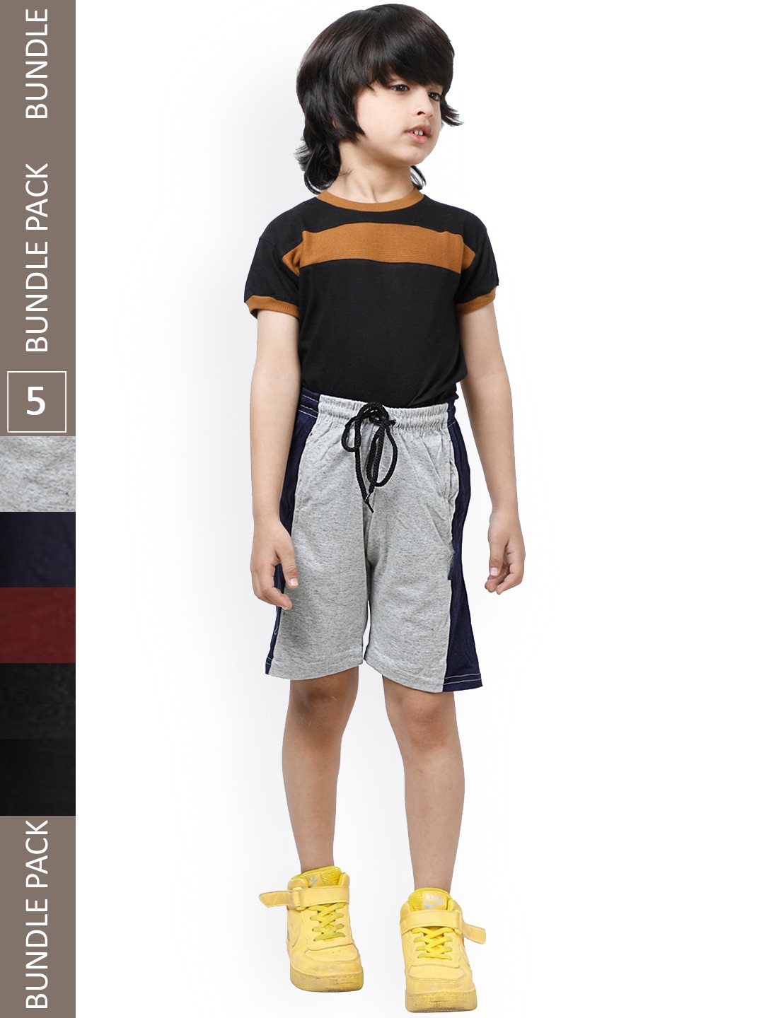 

IndiWeaves Boys Pack Of 5 Striped High-Rise Pure Cotton Shorts, Grey