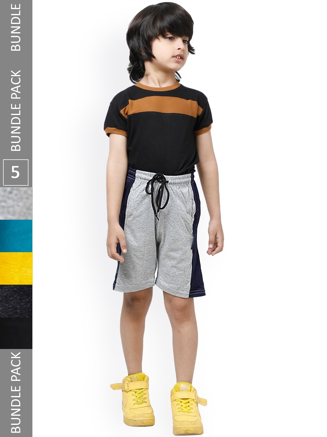 

IndiWeaves Boys Pack Of 5 Striped Pure Cotton Shorts, Grey