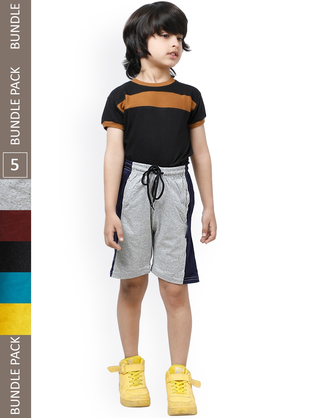 

IndiWeaves Boys Pack Of 5 High-Rise Side Striped Pure Cotton Shorts, Grey