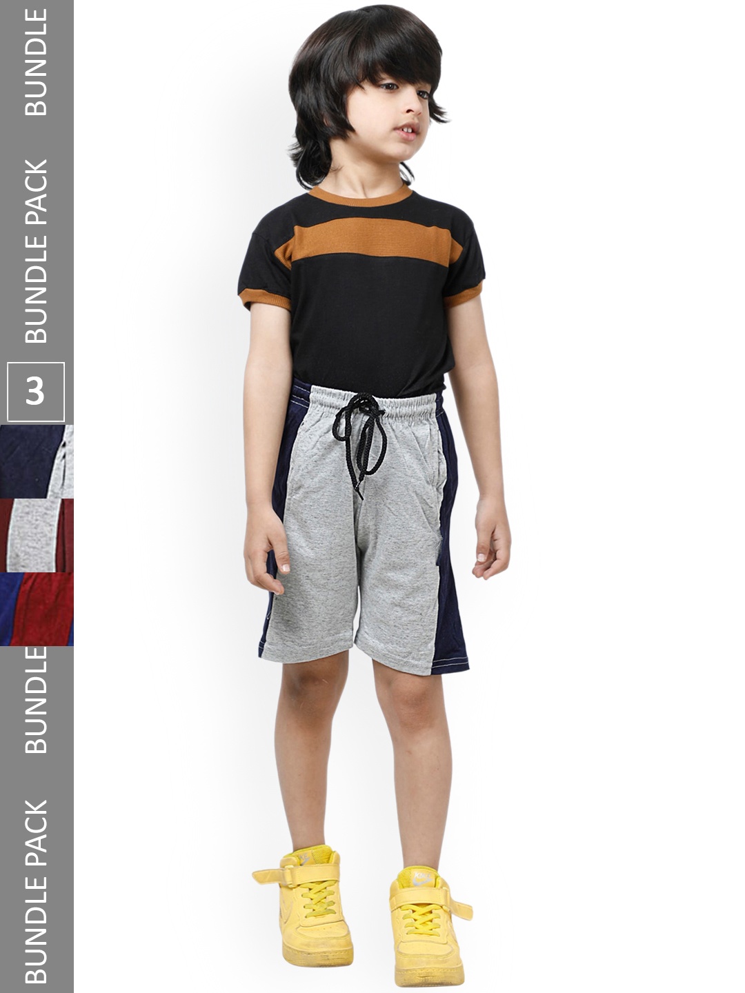 

IndiWeaves Boys Pack Of 3 Striped Pure Cotton Shorts, Grey