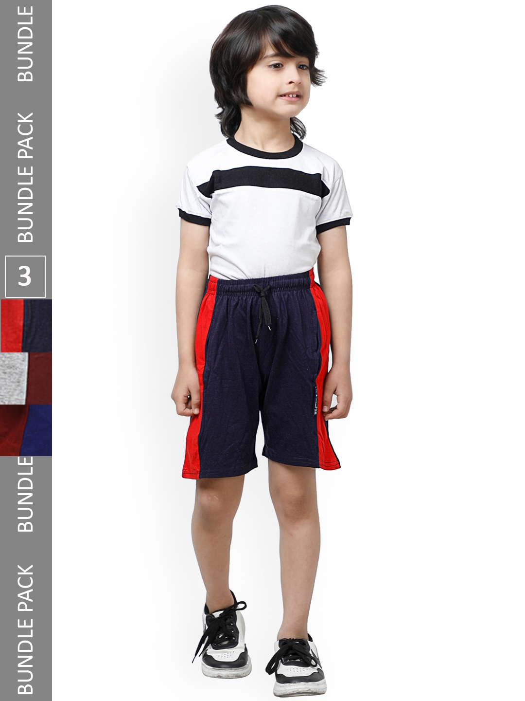

IndiWeaves Boys Pack of 3 Side Striped Pure Cotton High-Rise Shorts, Navy blue