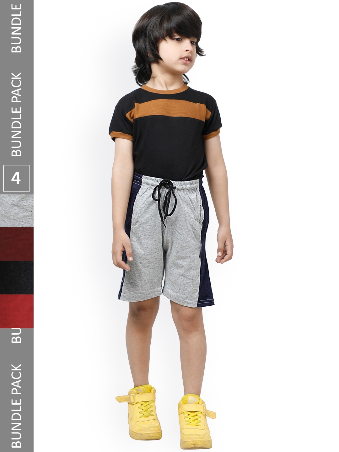 

IndiWeaves Boys Pack Of 4 Striped High-Rise Pure Cotton Shorts, Grey