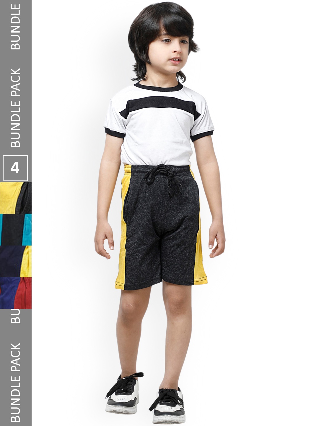 

IndiWeaves Boys Pack of 4 Side Striped Pure Cotton High-Rise Shorts, Black