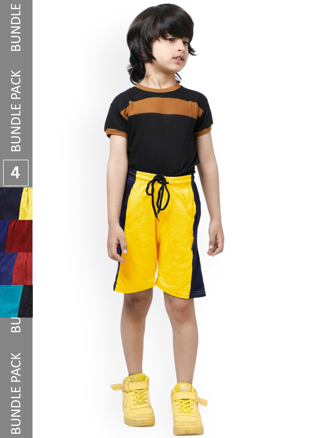 

IndiWeaves Boys Pack Of 4 Mid-Rise Side Striped Pure Cotton Shorts, Blue