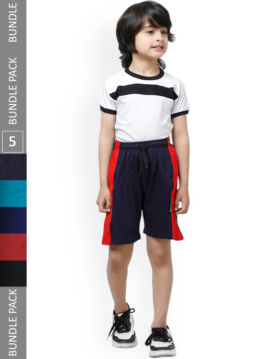 

IndiWeaves Boys Pack of 5 Side Striped Pure Cotton High-Rise Shorts, Black