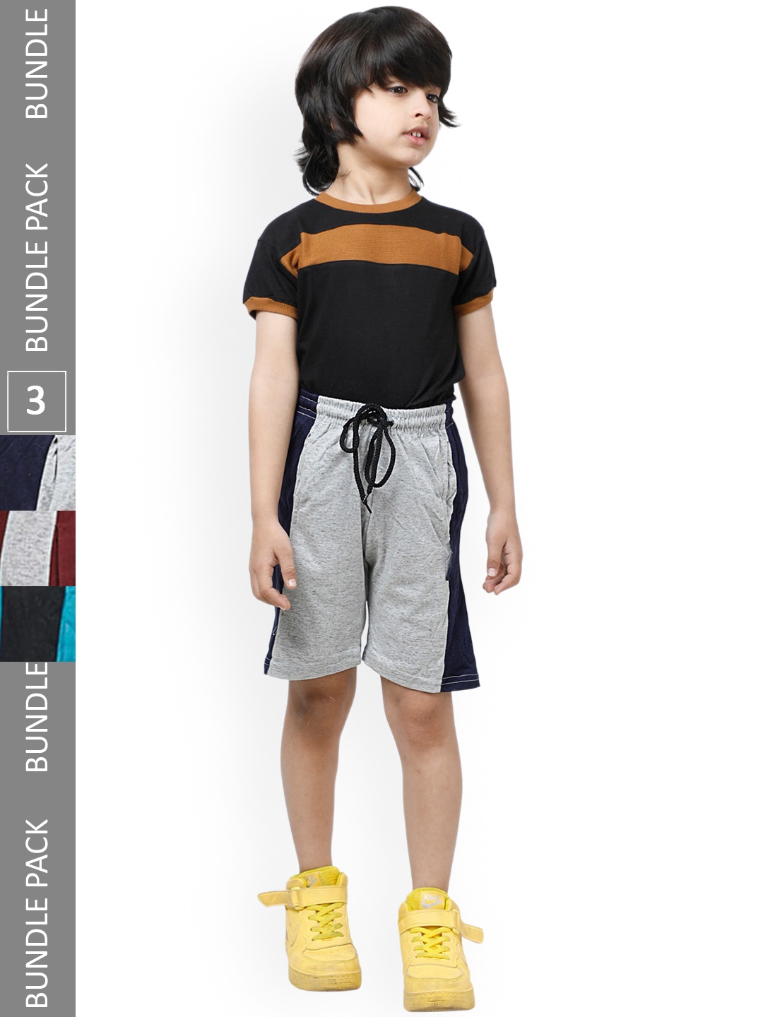 

IndiWeaves Boys Pack of 3 Side Striped Pure Cotton High-Rise Shorts, Grey