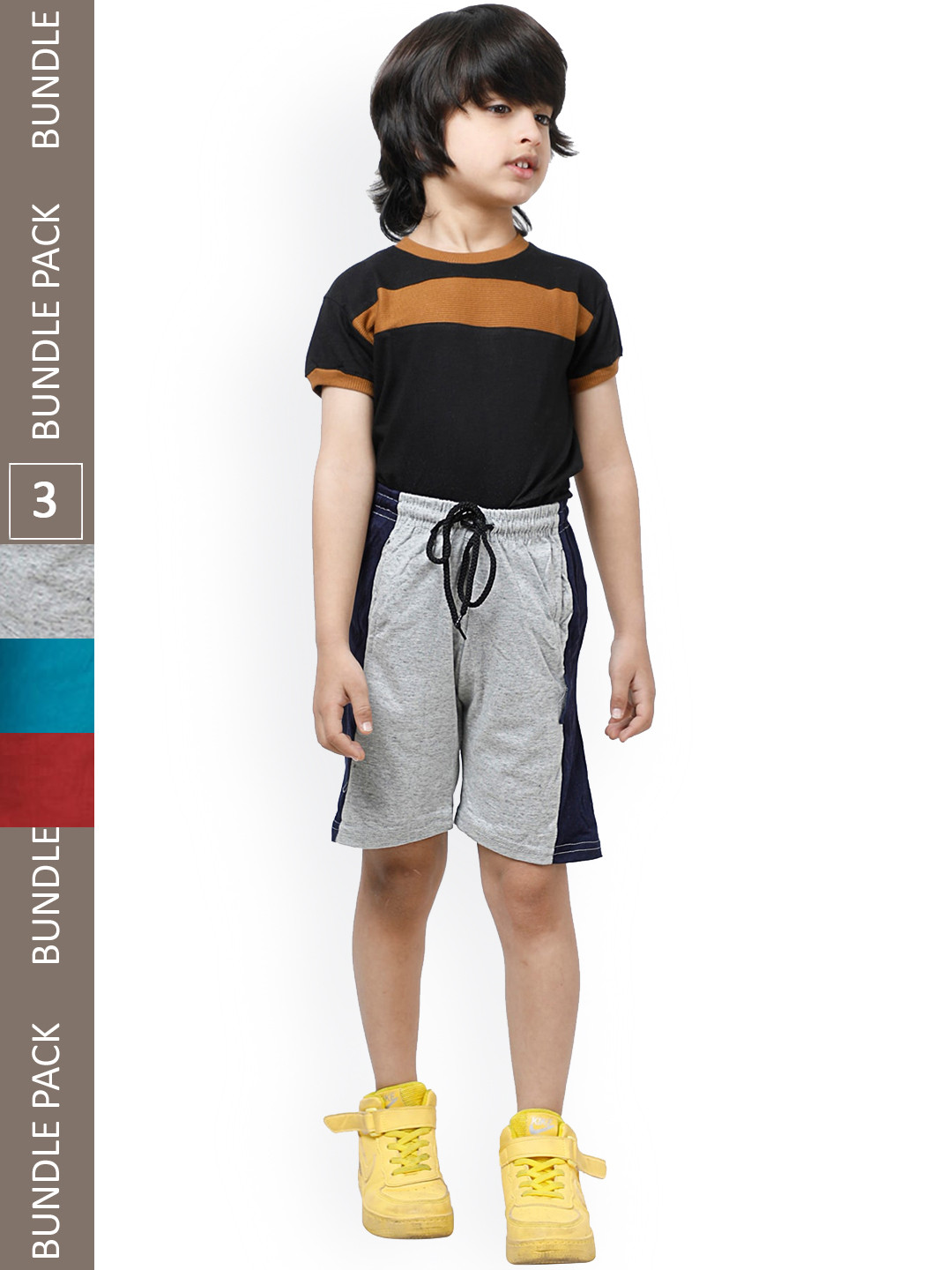 

IndiWeaves Boys Pack Of 3 Colourblocked High-Rise Pure Cotton Shorts, Grey