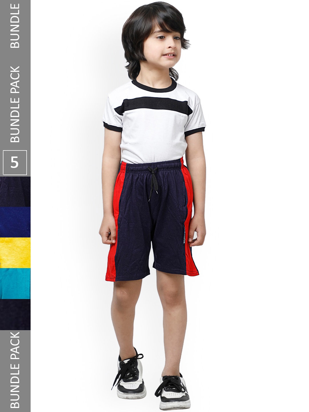 

IndiWeaves Boys Pack Of 5 Striped High-Rise Pure Cotton Shorts, Navy blue