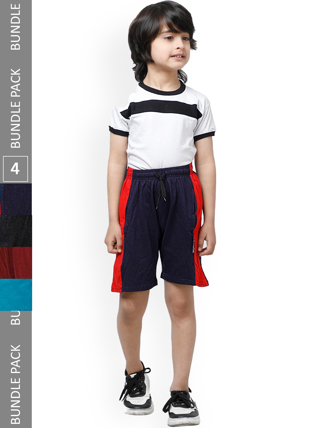 

IndiWeaves Boys Pack Of 4 Striped High-Rise Pure Cotton Shorts, Navy blue