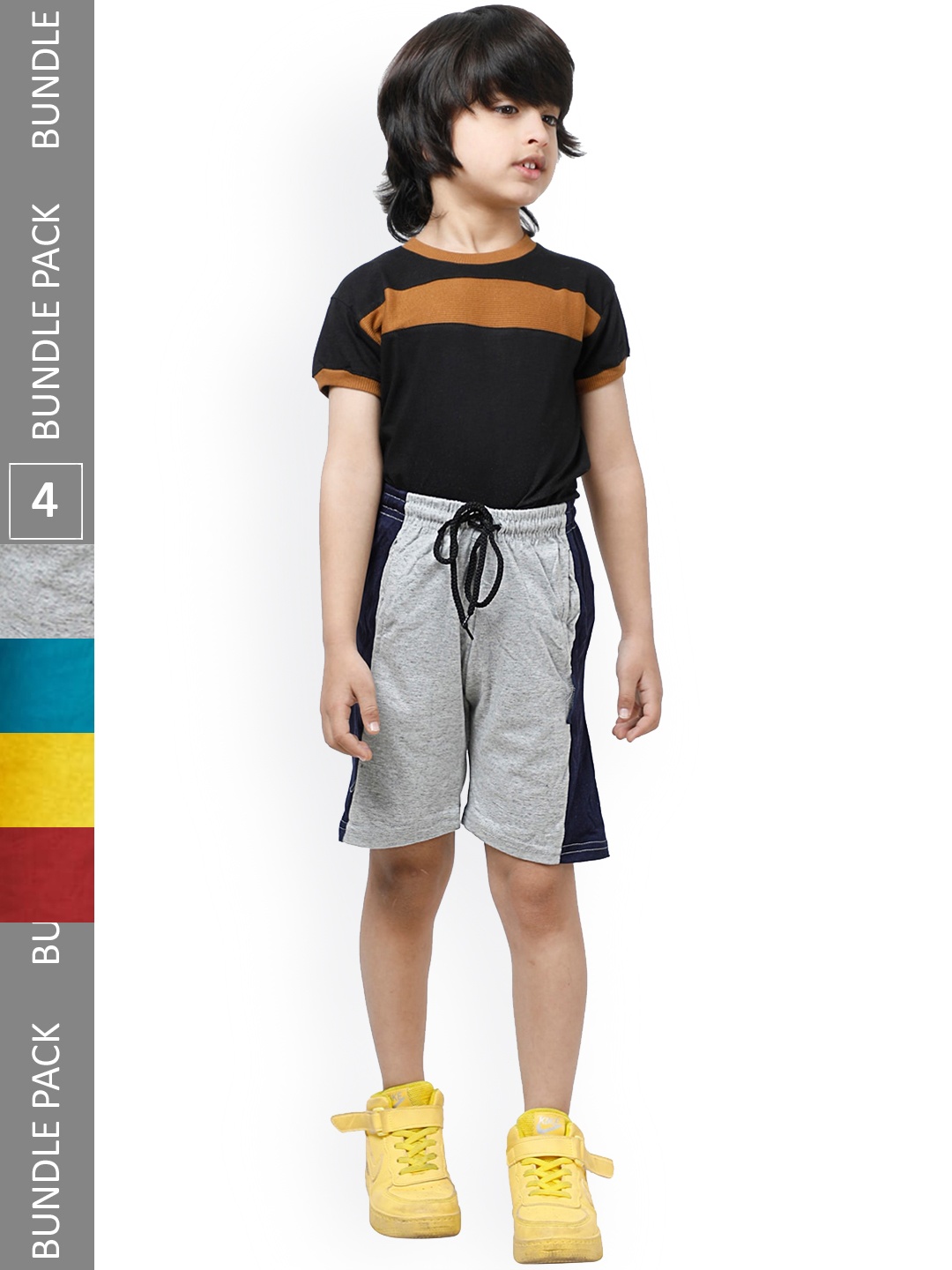 

IndiWeaves Boys Pack Of 4 Striped High-Rise Pure Cotton Shorts, Grey melange