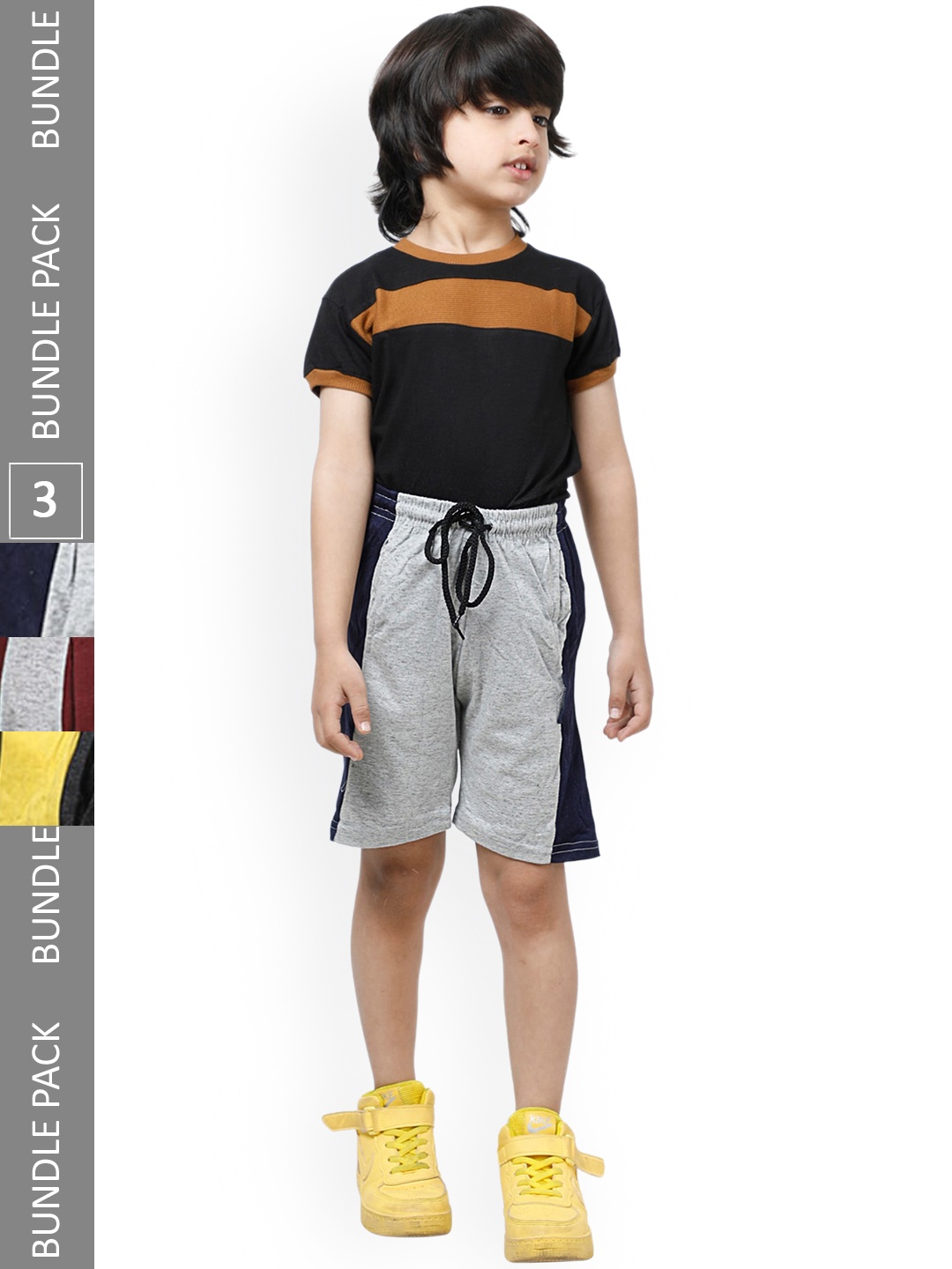 

IndiWeaves Boys Pack Of 3 Striped Pure High-Rise Pure Cotton Shorts, Grey