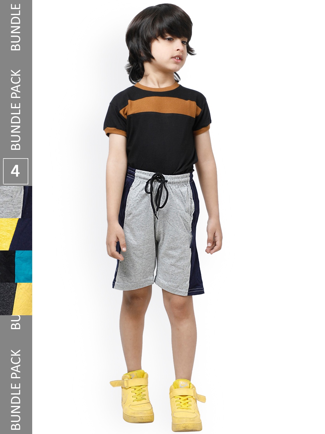 

IndiWeaves Boys Pack Of 4 Mid-Rise Side Striped Pure Cotton Shorts, Yellow