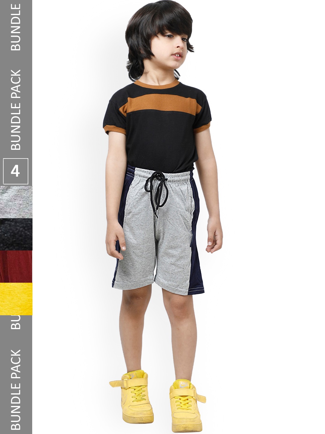 

IndiWeaves Boys Pack Of 4 Colourblocked High-Rise Pure Cotton Shorts, Grey