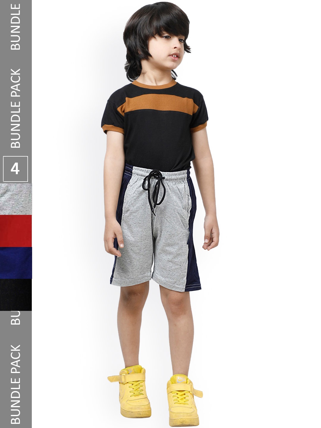 

IndiWeaves Boys Pack Of 4 Mid-Rise Side Striped Pure Cotton Shorts, Grey