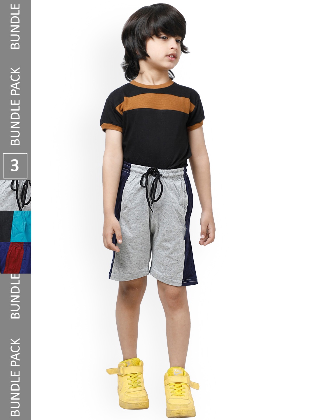 

IndiWeaves Boys Pack Of 3 Mid-Rise Side Striped Pure Cotton Shorts, Grey
