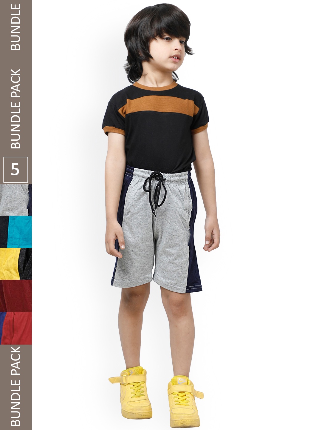 

IndiWeaves Boys Pack Of 5 Mid-Rise Side Striped Pure Cotton Shorts, Grey