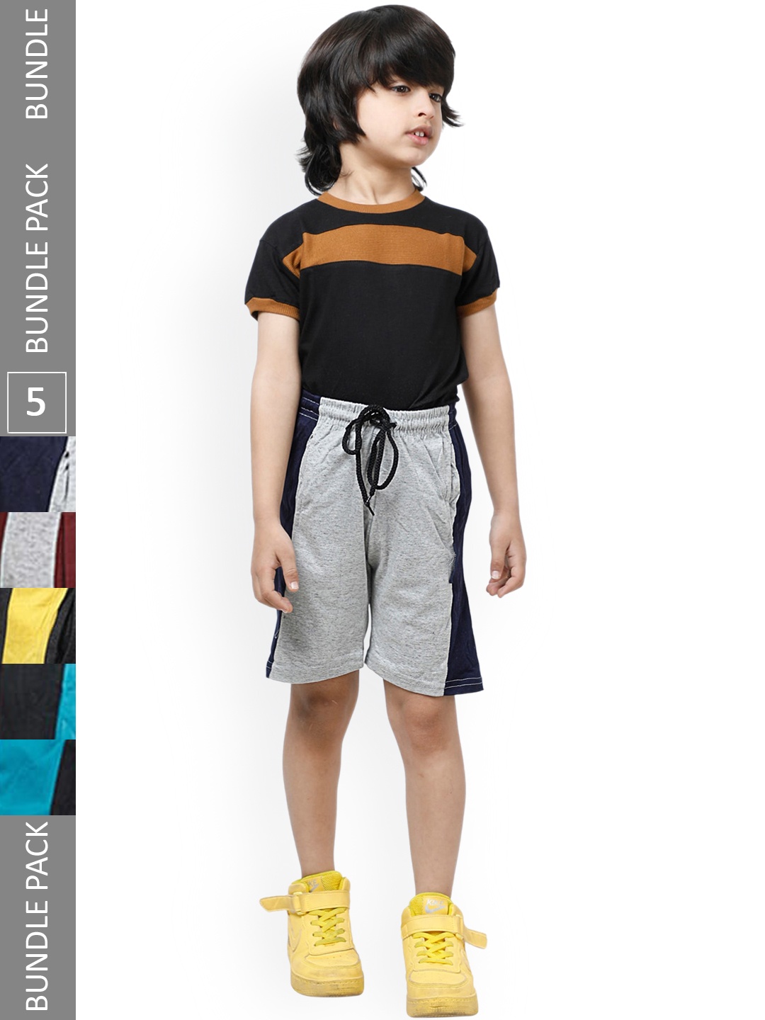 

IndiWeaves Boys Pack Of 5 Striped Pure High-Rise Pure Cotton Shorts, Grey