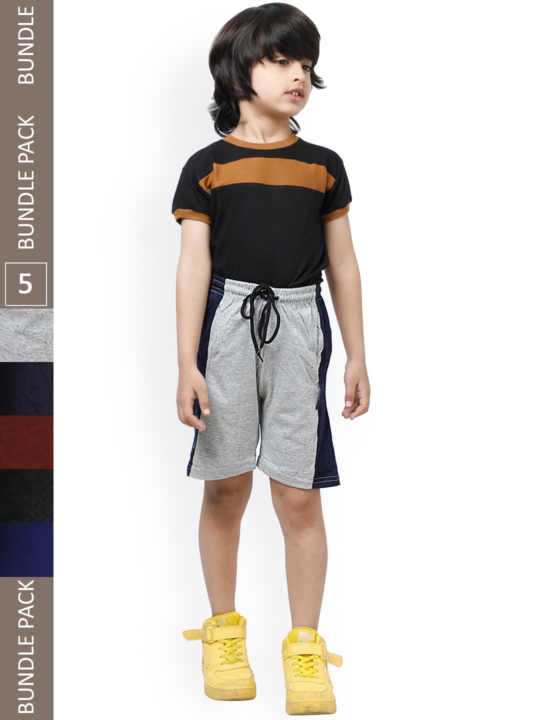 

IndiWeaves Boys Pack Of 5 Colourblocked High-Rise Pure Cotton Shorts, Grey