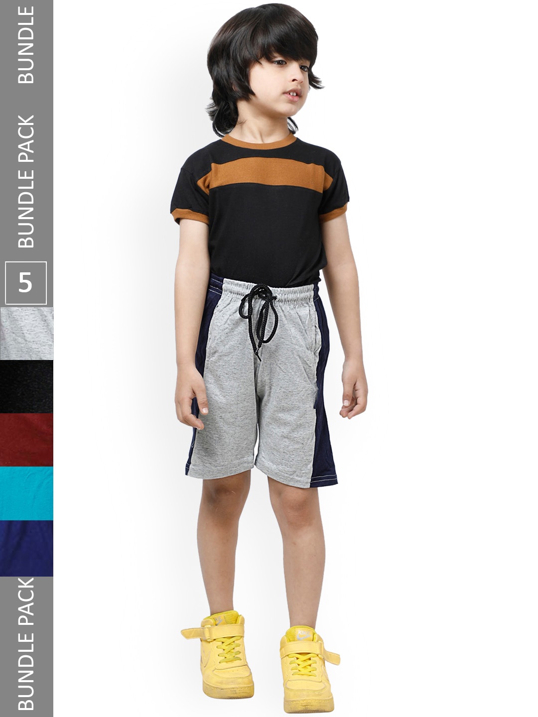 

IndiWeaves Boys Pack Of 5 High-Rise Pure Cotton Shorts, Grey