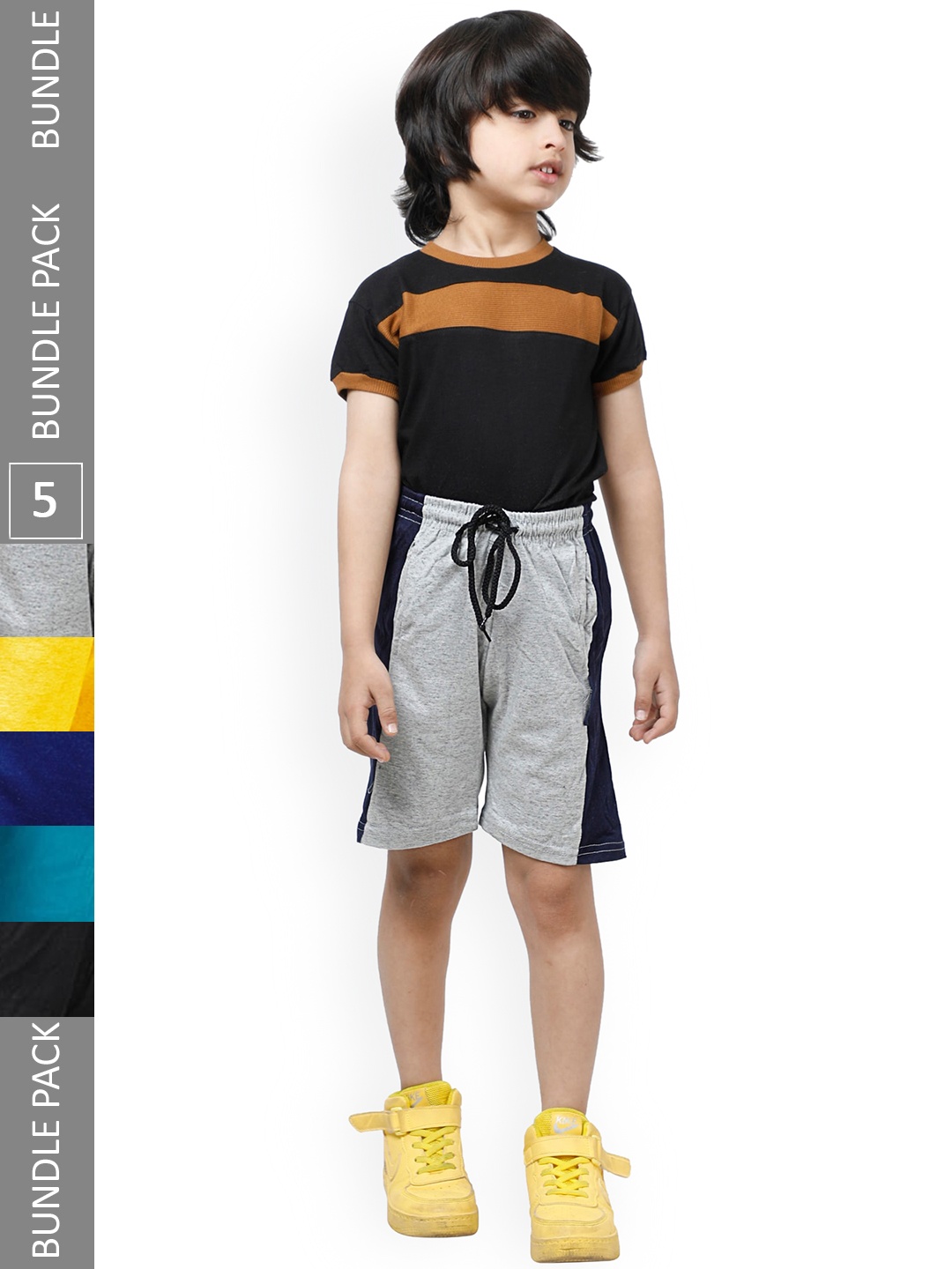 

IndiWeaves Boys Pack Of 5 High-Rise Side Striped Pure Cotton Shorts, Grey