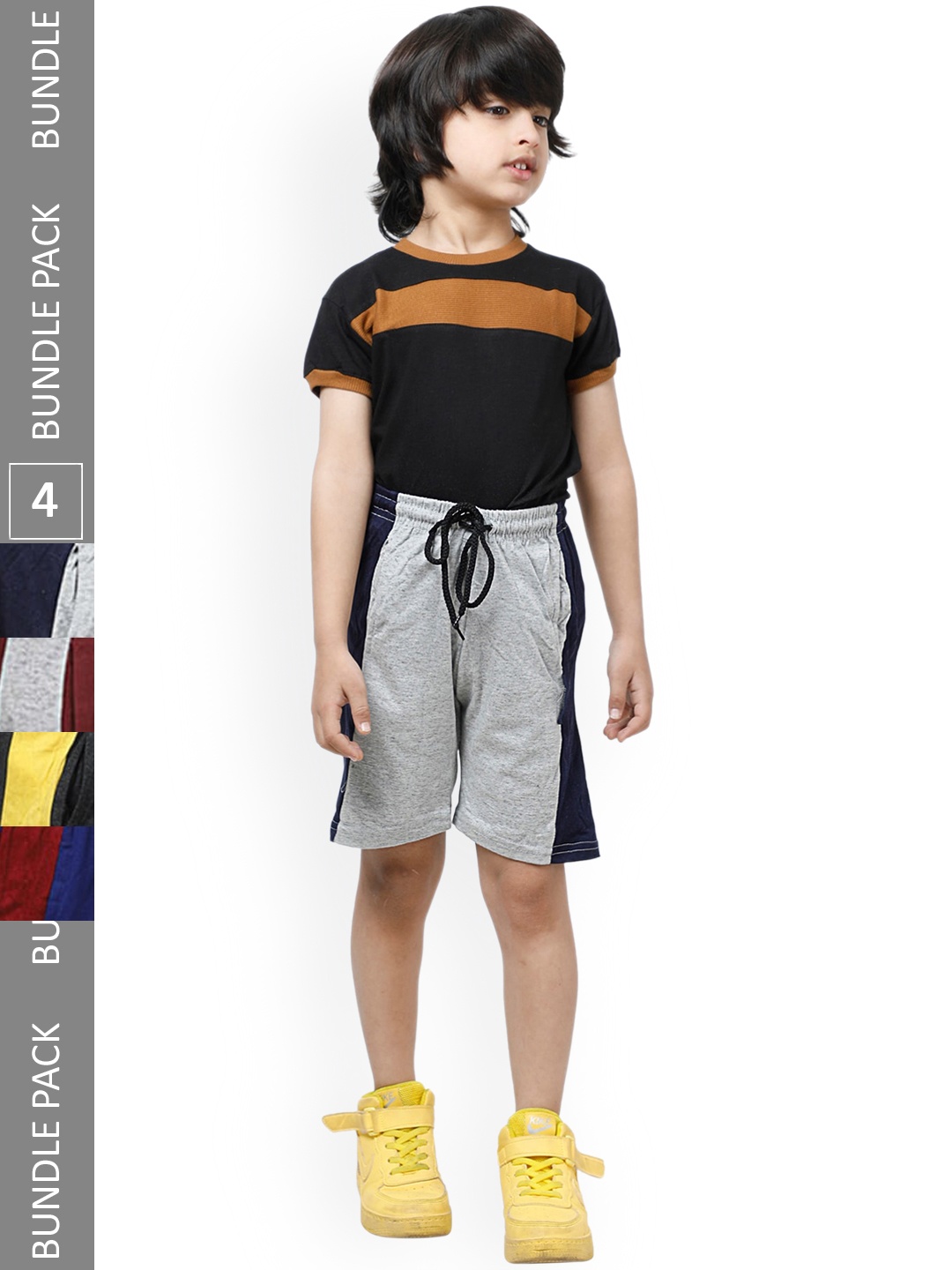 

IndiWeaves Boys Pack Of 4 Striped High-Rise Pure Cotton Shorts, Grey