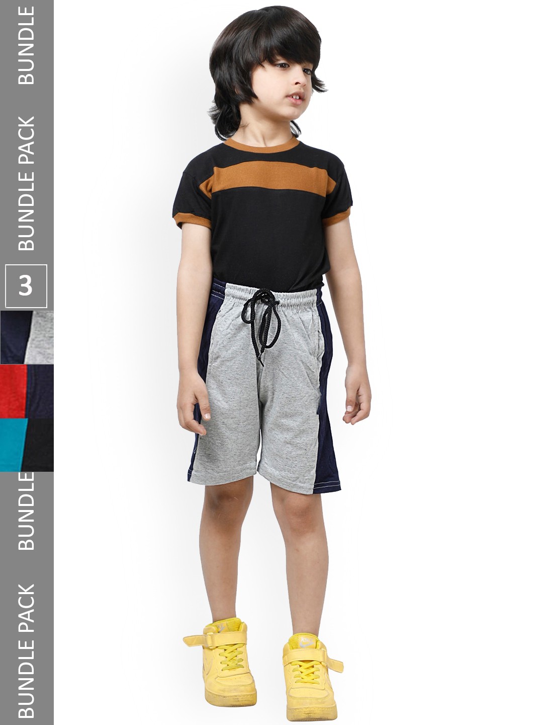 

IndiWeaves Boys Pack Of 3 Striped Pure Cotton Shorts, Grey