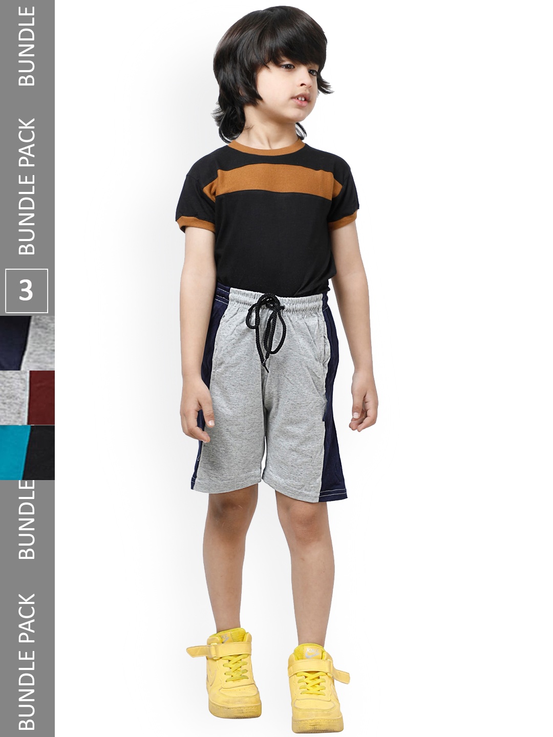 

IndiWeaves Boys Pack of 3 Side Striped Pure Cotton High-Rise Shorts, Grey
