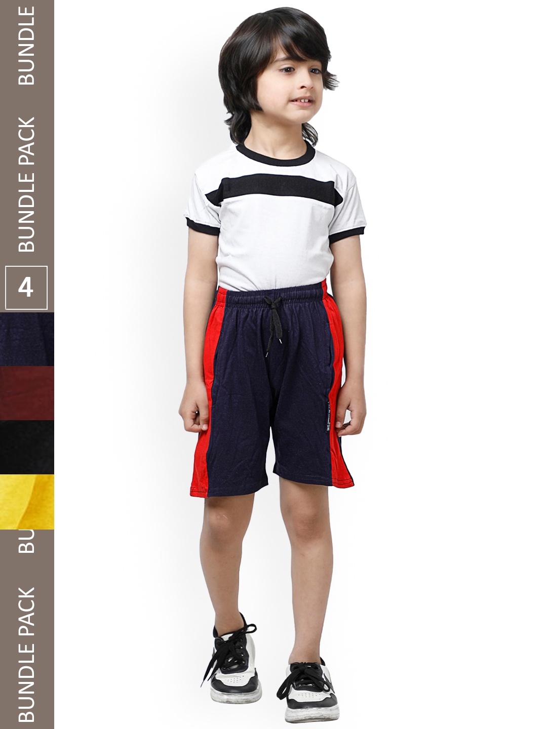 

IndiWeaves Boys Pack Of 4 Striped High-Rise Pure Cotton Shorts, Navy blue