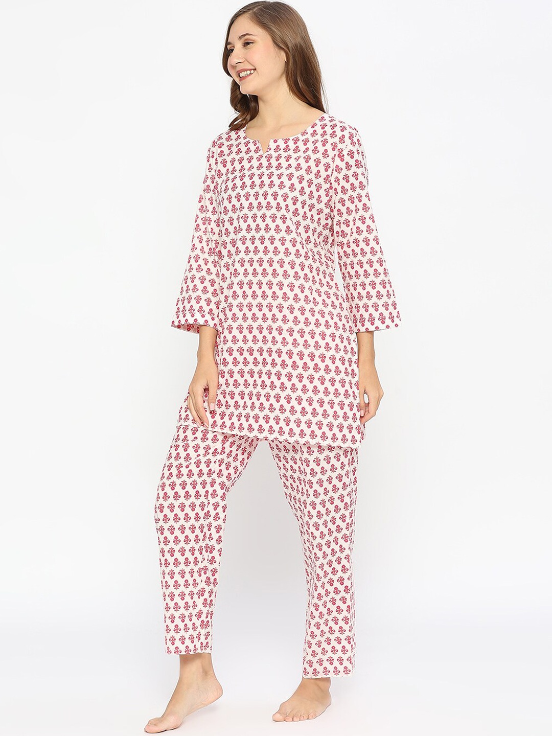 

ZRI Ethnic Motifs Printed Pure Cotton Night Suit, White