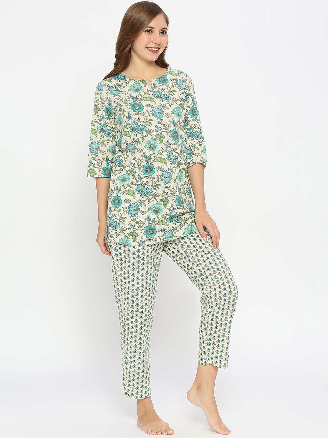 

ZRI Floral Printed Pure Cotton Night Suit, Cream