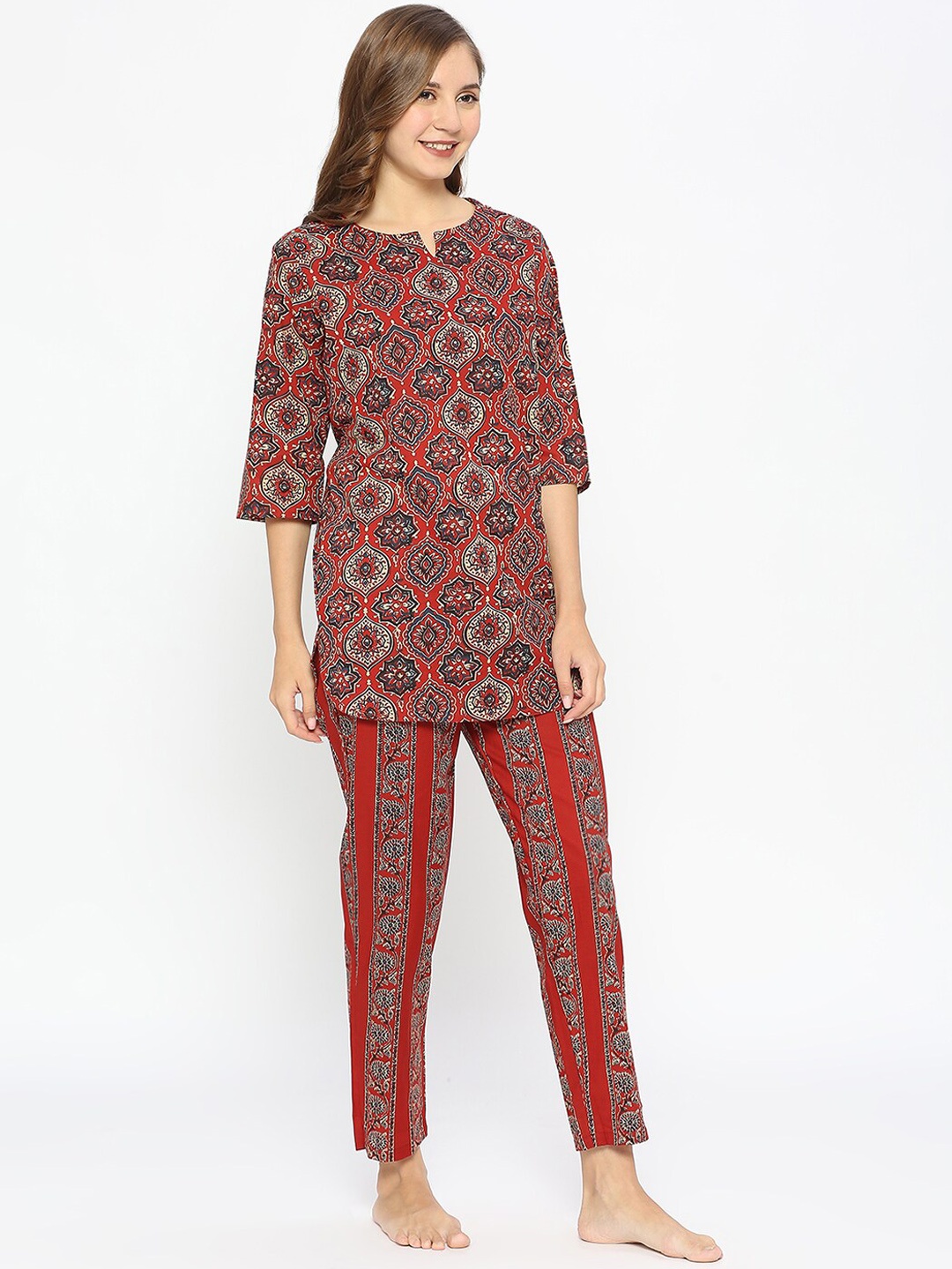 

ZRI Ethnic Motifs Printed Pure Cotton Night Suit, Maroon