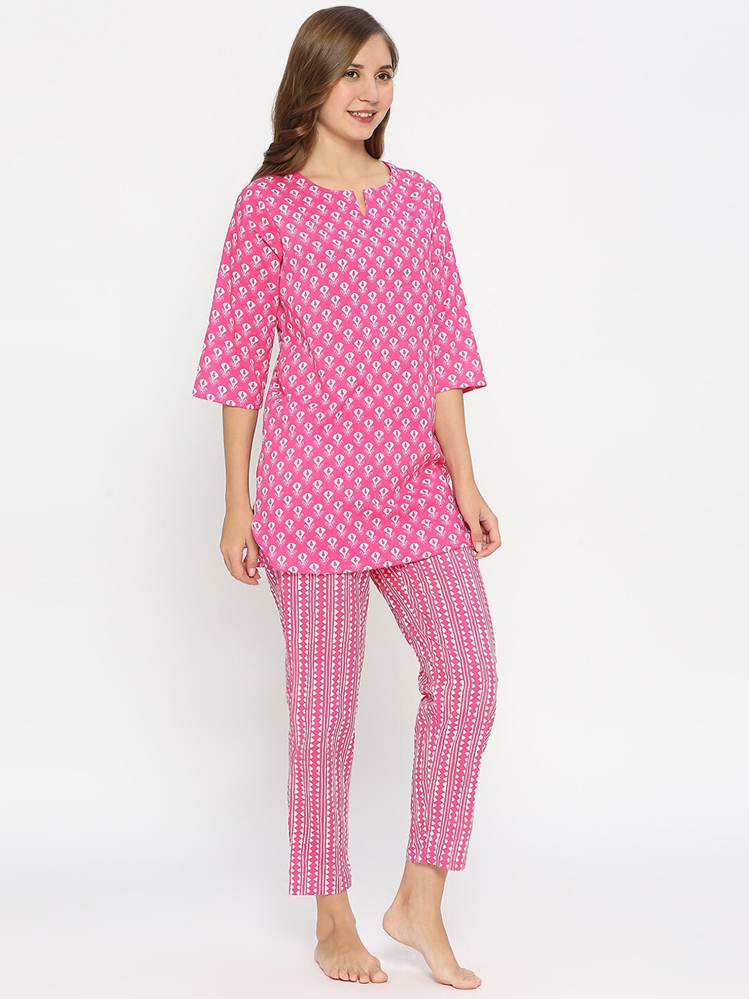 

ZRI Floral Printed Pure Cotton Night Suit, Pink