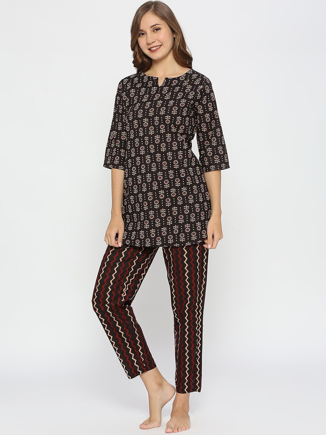 

ZRI Floral Printed Pure Cotton Night Suit, Coffee brown