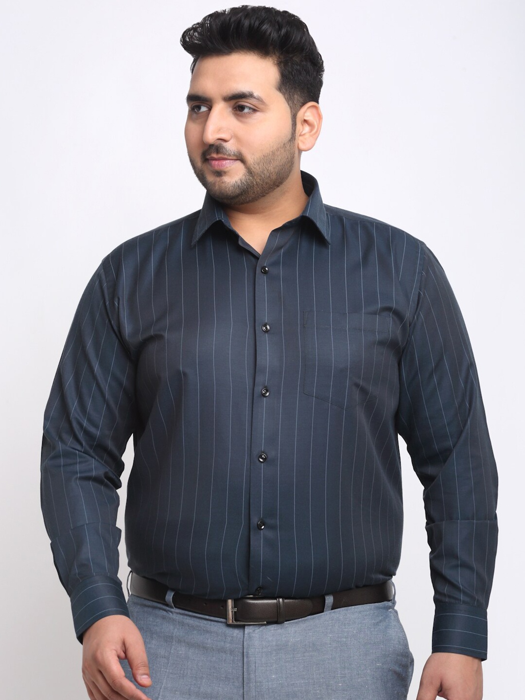 

plusS Black Vertical Striped Cotton Formal Shirt