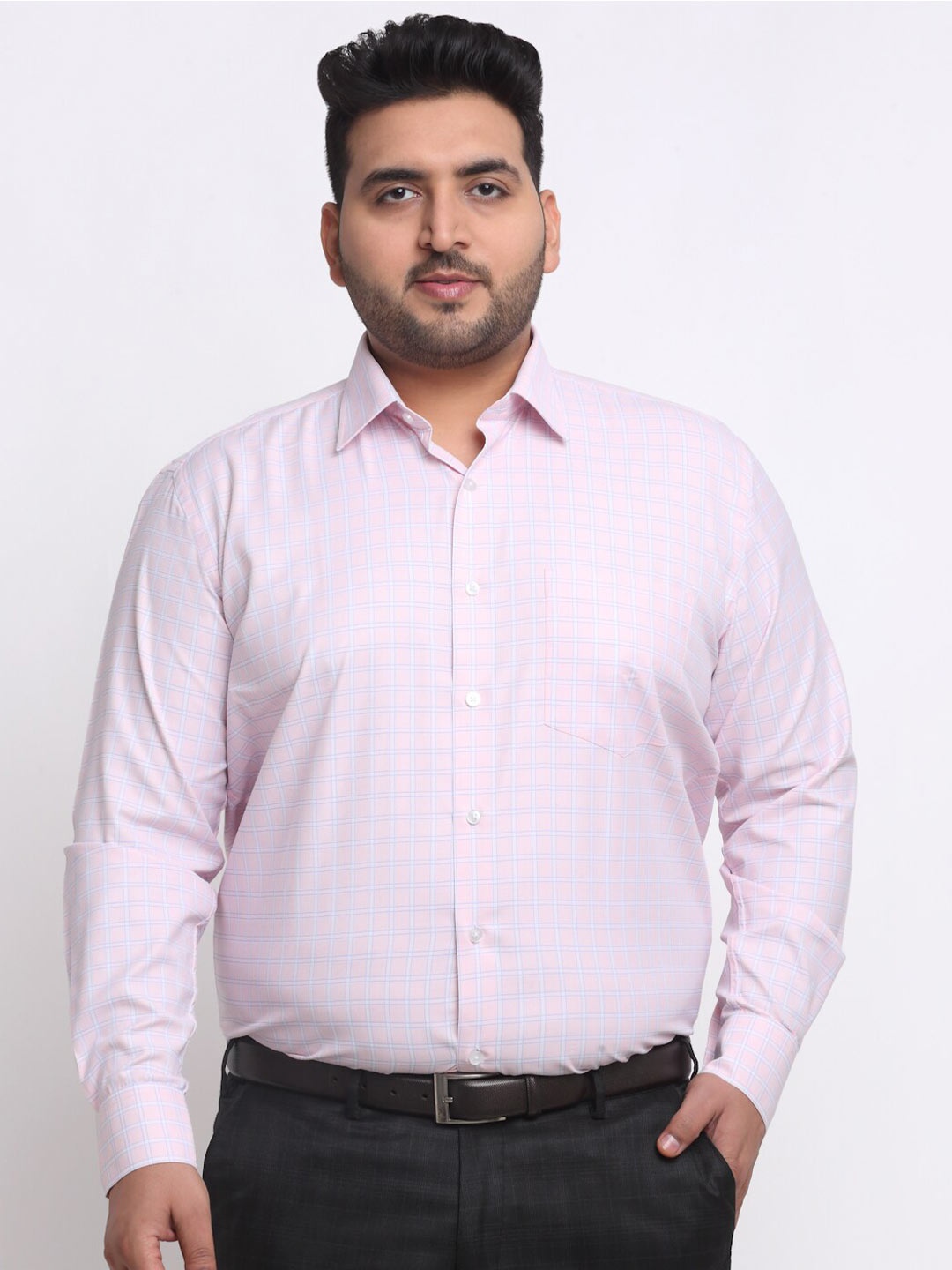 

plusS Plus Size Pink Checked Cotton Formal Shirt