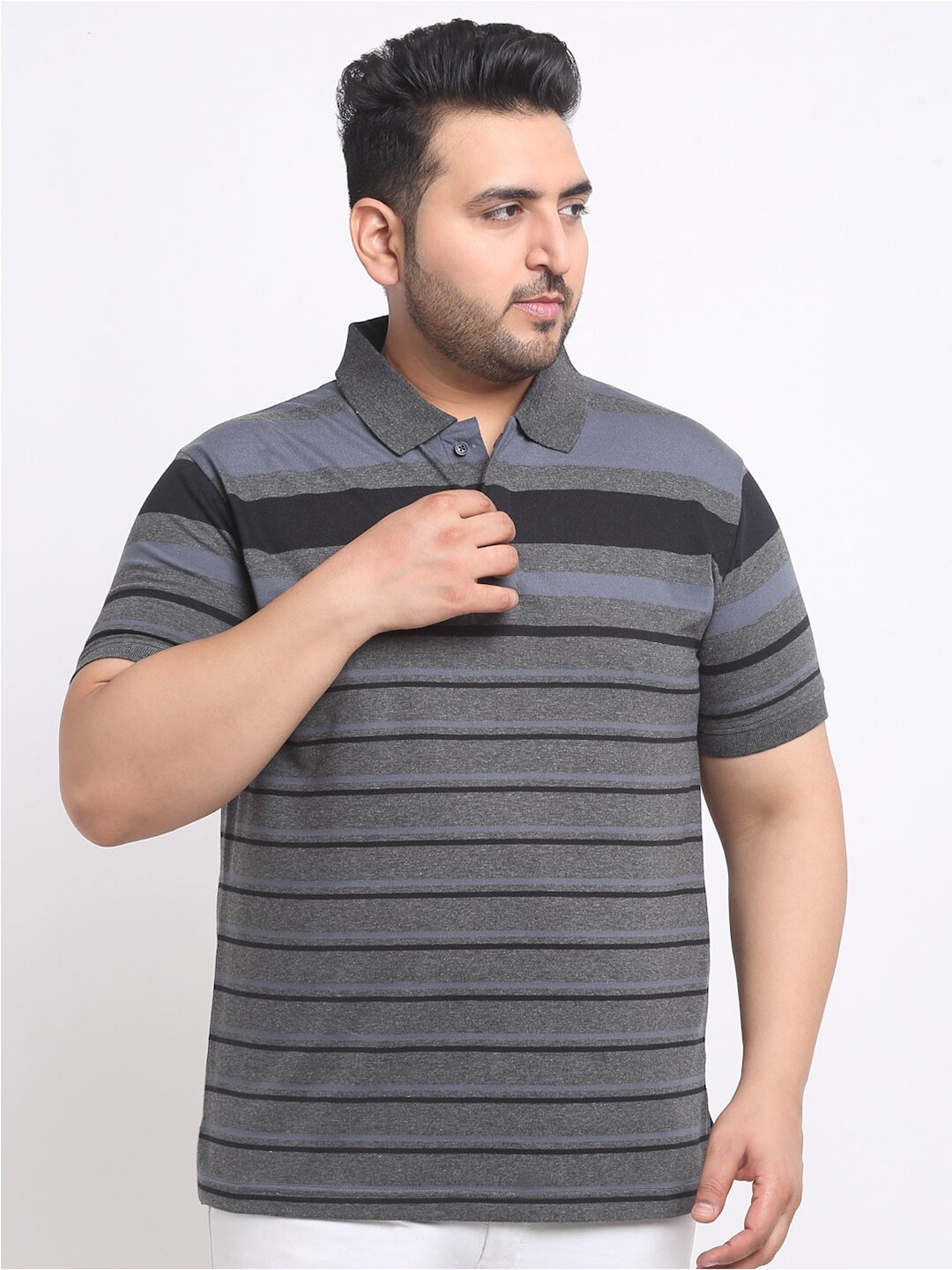 

plusS Plus Size Charcoal Striped Polo Collar Cotton T-shirt