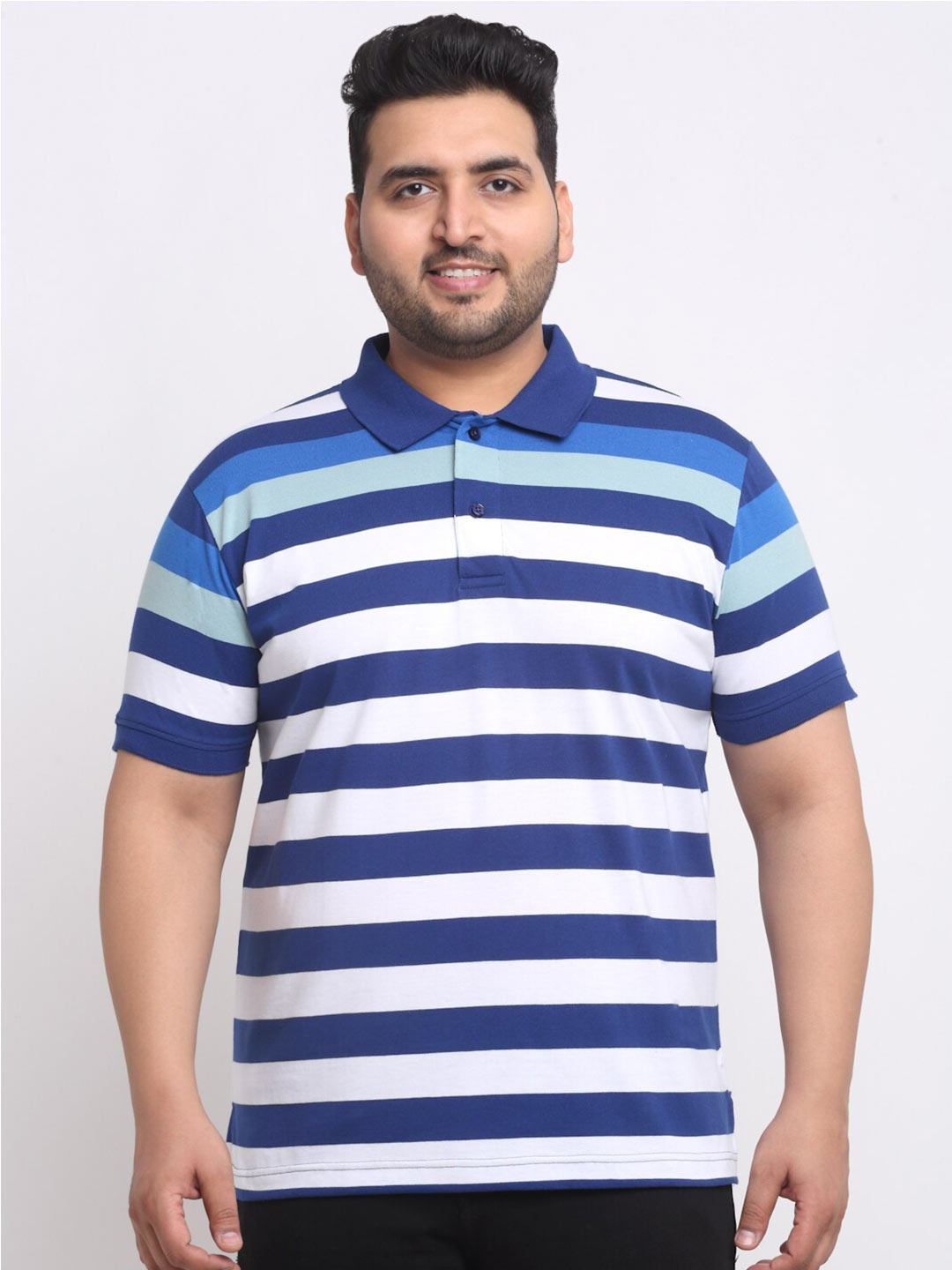 

plusS Plus Size Navy Blue Striped Polo Collar Cotton T-shirt