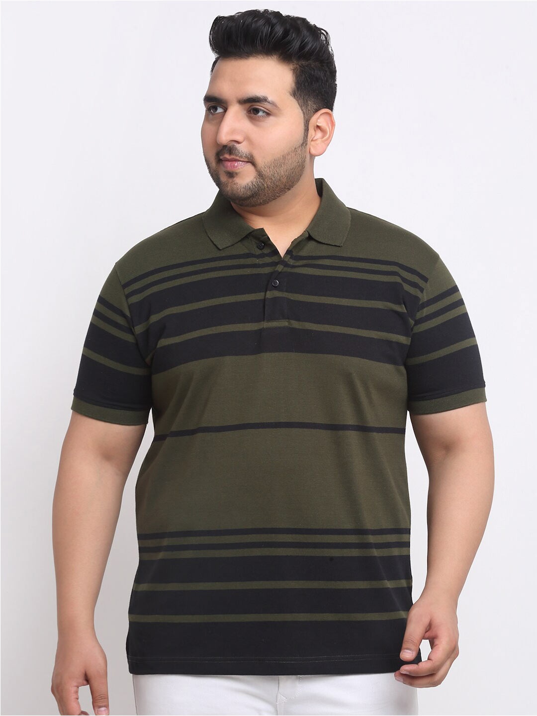 

plusS Plus Size Olive Green Striped Polo Collar Cotton T-shirt