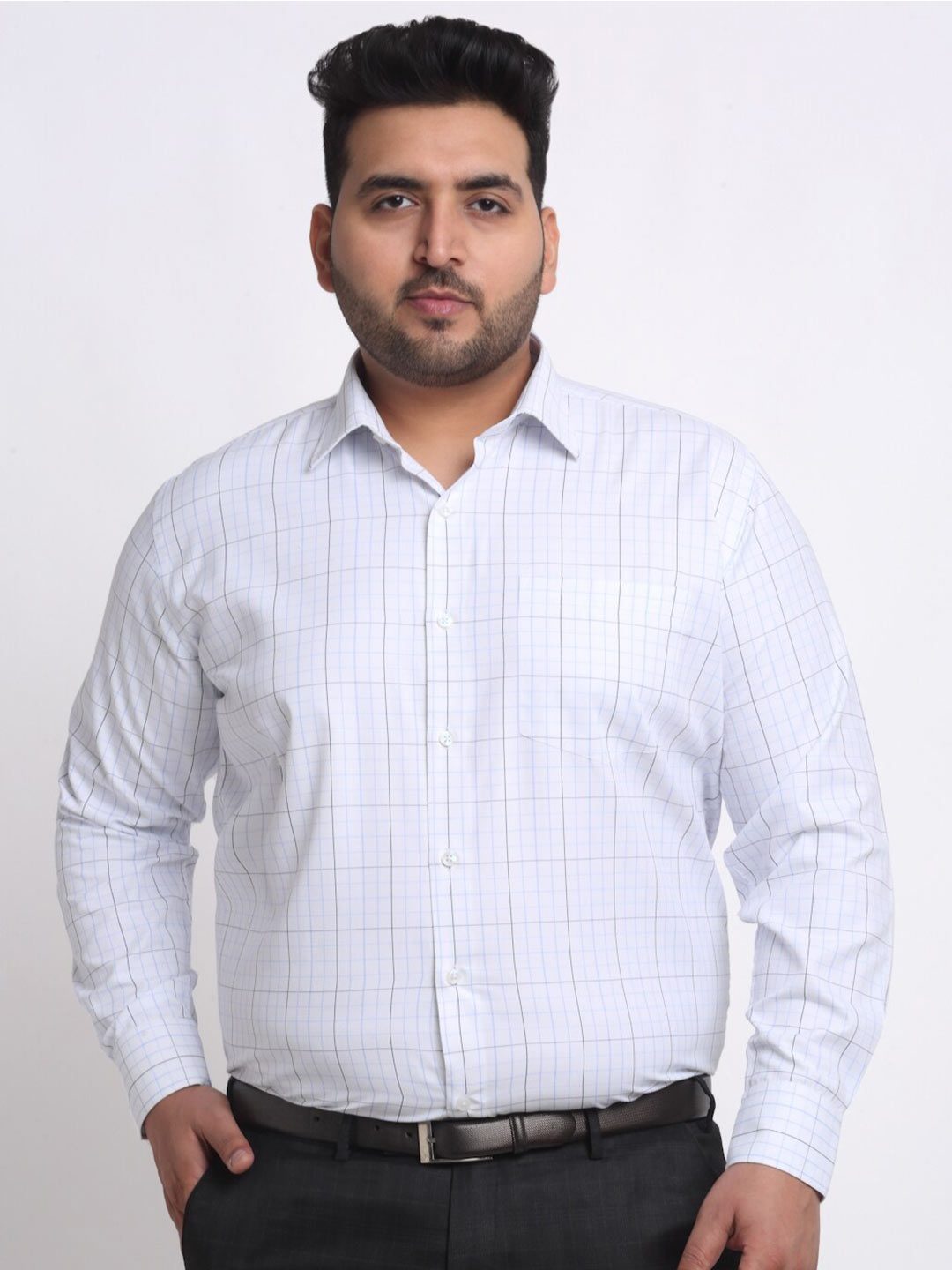 

plusS Plus Size White Grid Tattersall Checked Cotton Casual Shirt