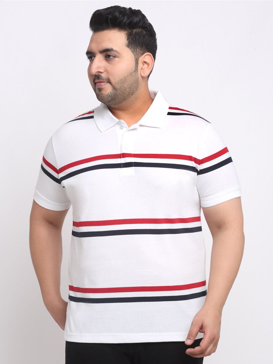 

plusS Plus Size White Striped Polo Collar Cotton T-shirt