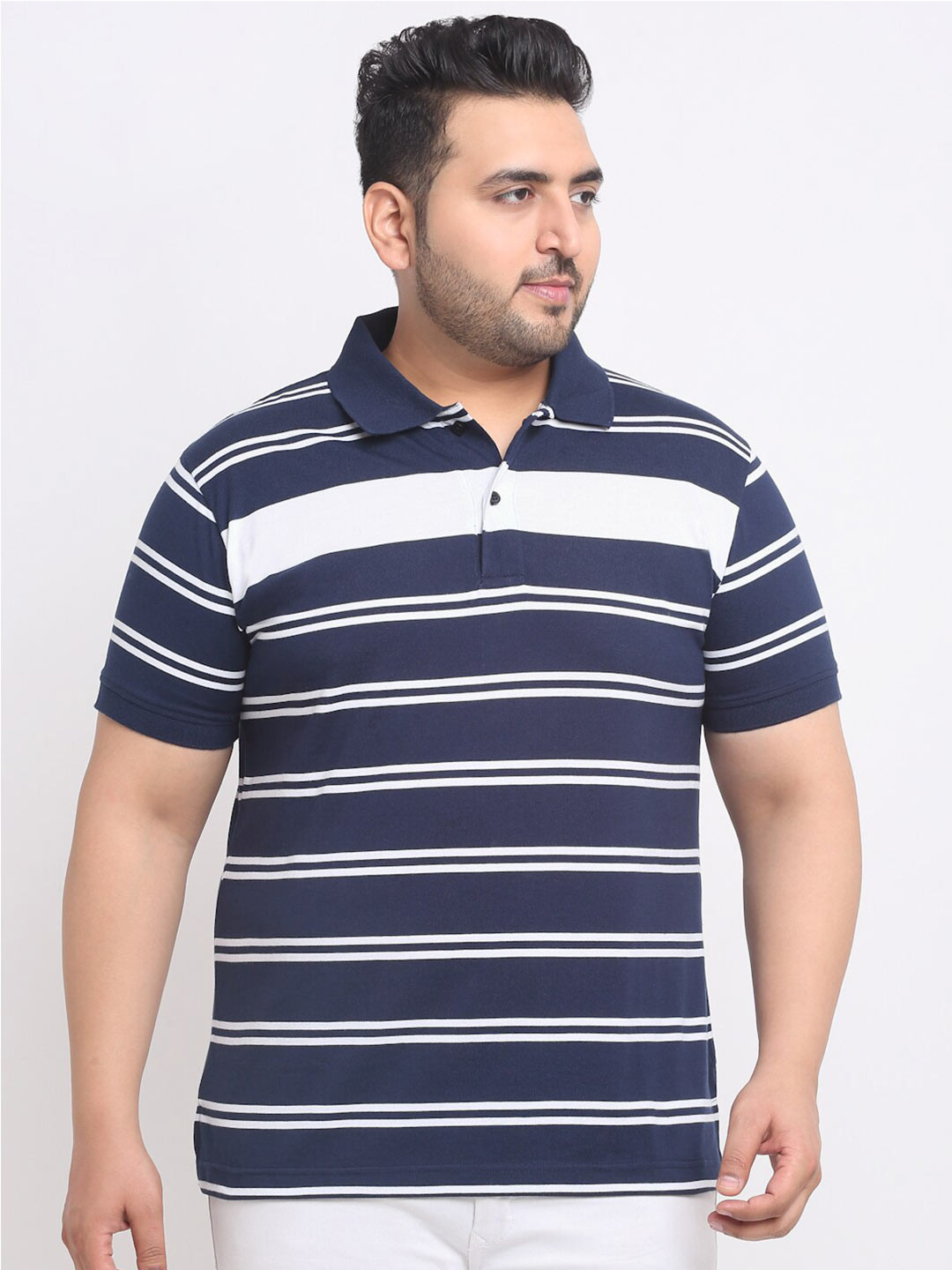 

plusS Plus Size Blue Striped Polo Collar Cotton T-shirt, Navy blue