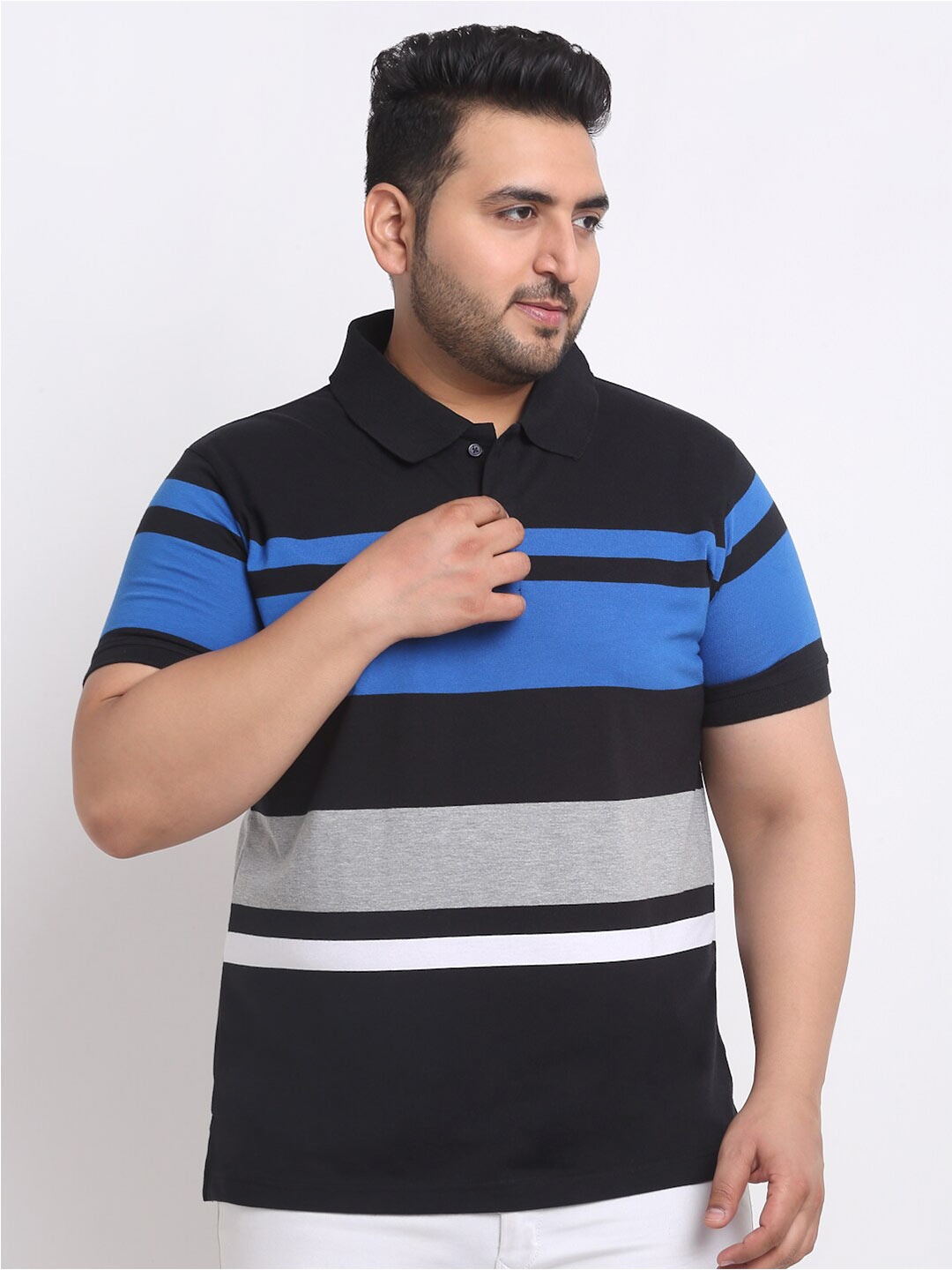 

plusS Plus Size Black Striped Polo Collar Cotton T-shirt