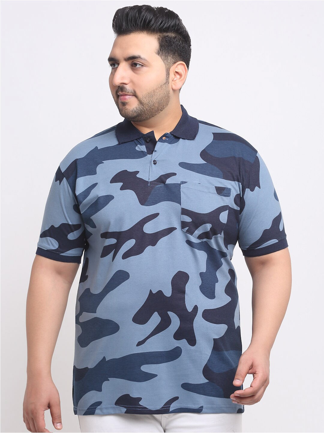 

plusS Plus Size Camouflage Printed Polo Collar Cotton T-shirt, Blue