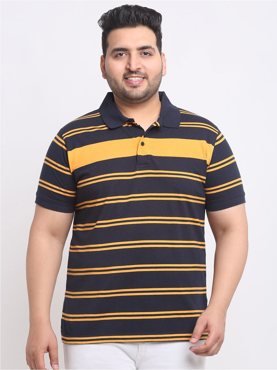 

plusS Plus Size Navy Blue Striped Polo Collar Cotton T-shirt