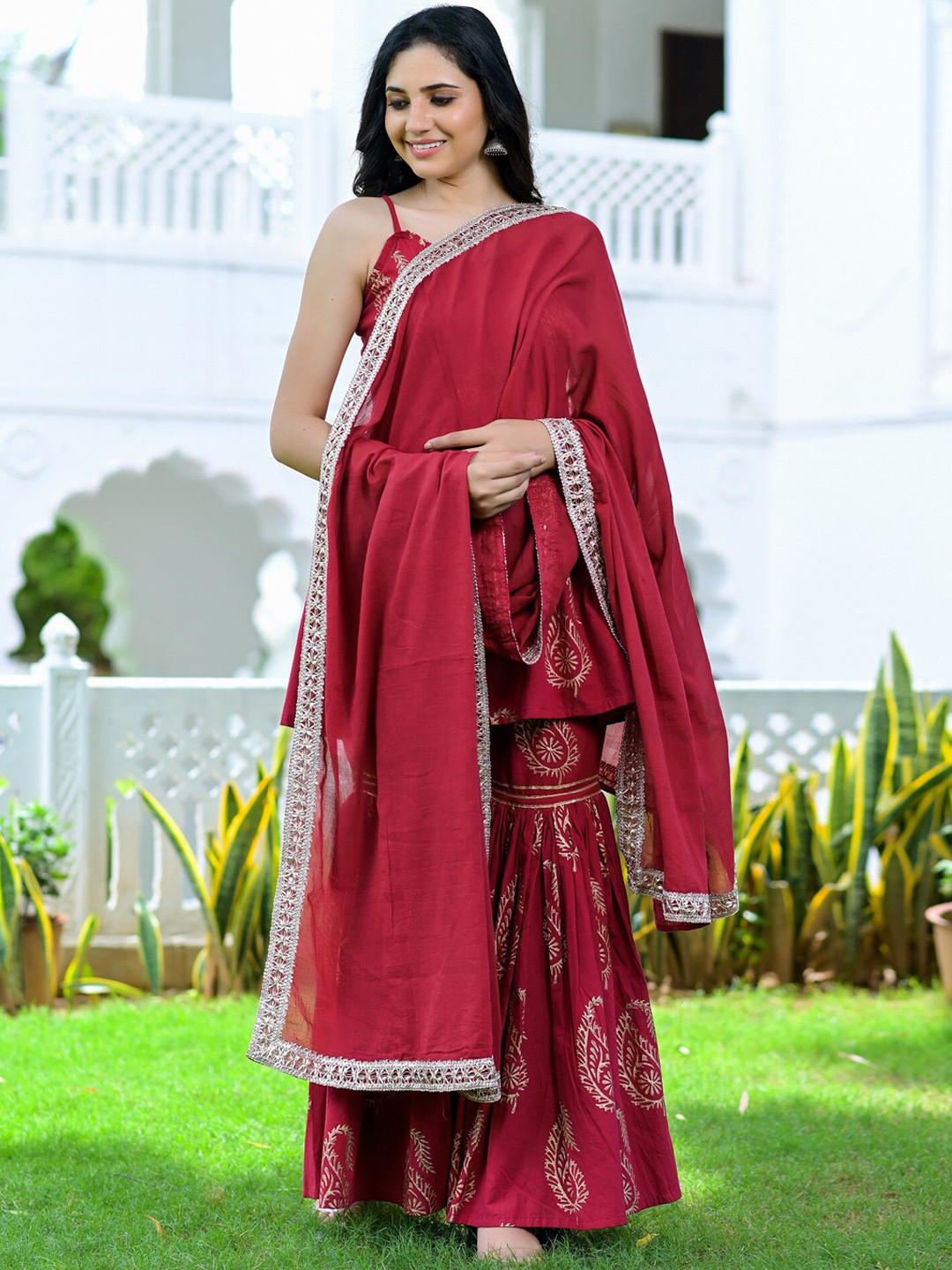 

Hatheli Ethnic Block Printed Gotta Patti A-Line Pure Cotton Kurti with Sharara & Dupatta, Maroon