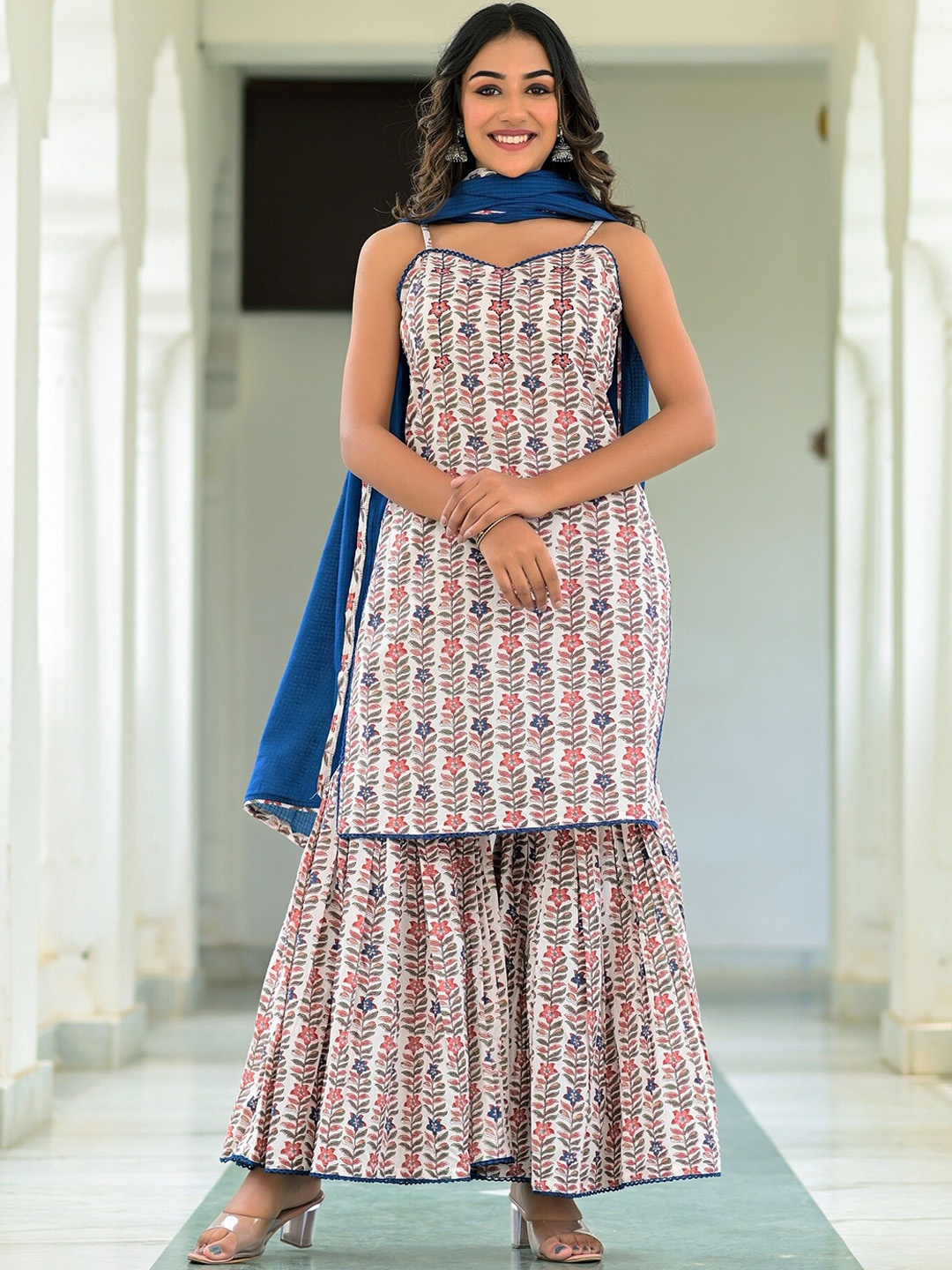 

Hatheli Floral Printed Gotta Patti Pure Cotton Kurta with Sharara & Dupatta, White