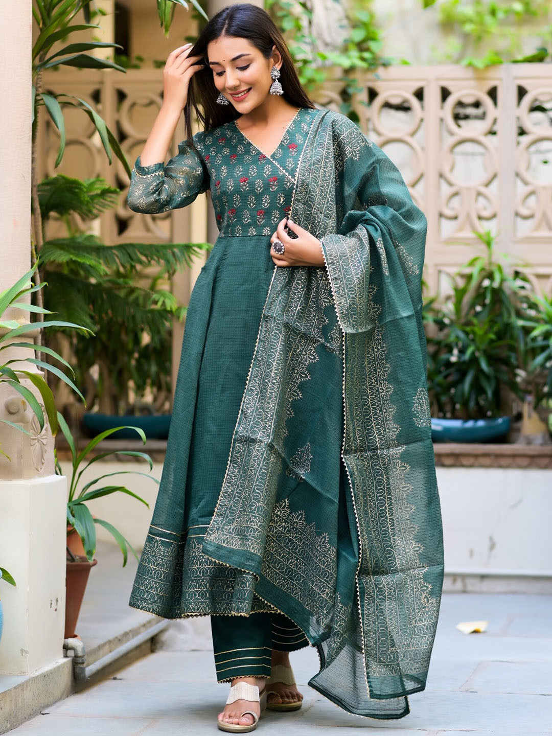 

Hatheli Block Printed Angrakha Gotta Patti Pure Cotton Kurta with Trousers & Dupatta, Green